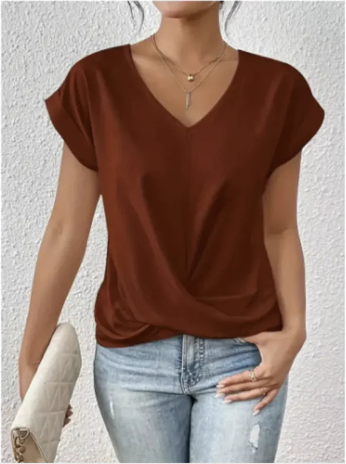 Camiseta de manga corta con cuello en V y nudo irregular para mujer