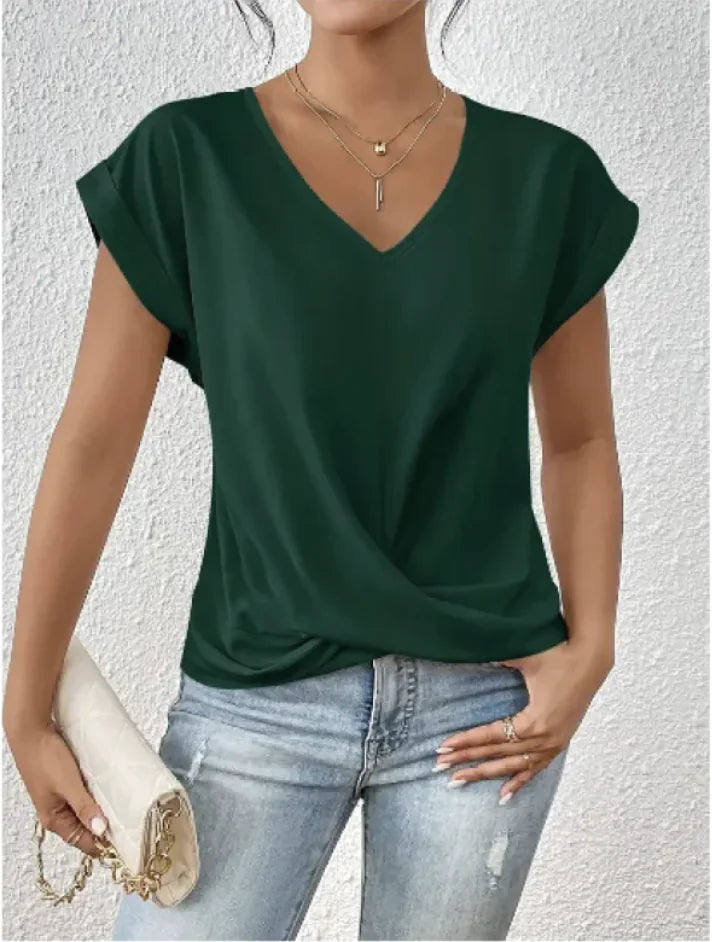Camiseta de manga corta con cuello en V y nudo irregular para mujer