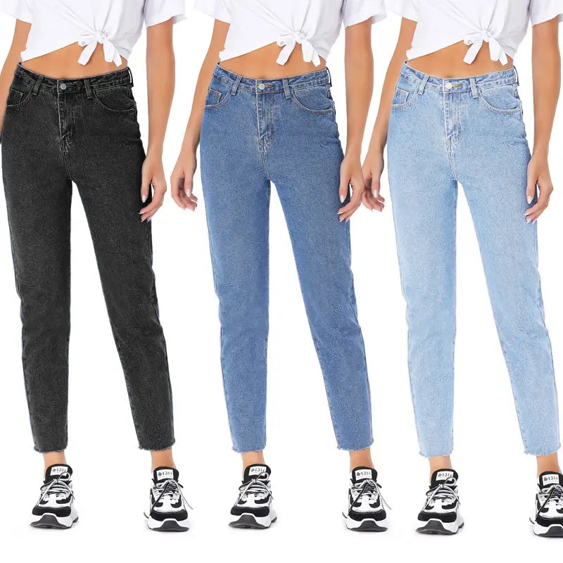 Pantalones vaqueros rectos con cintura alta y dobladillo sin rematar para mujer