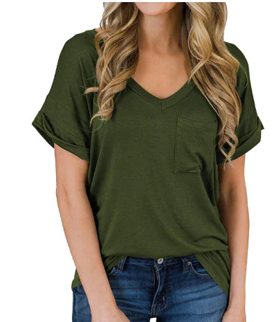 Camiseta de manga corta con cuello en V irregular