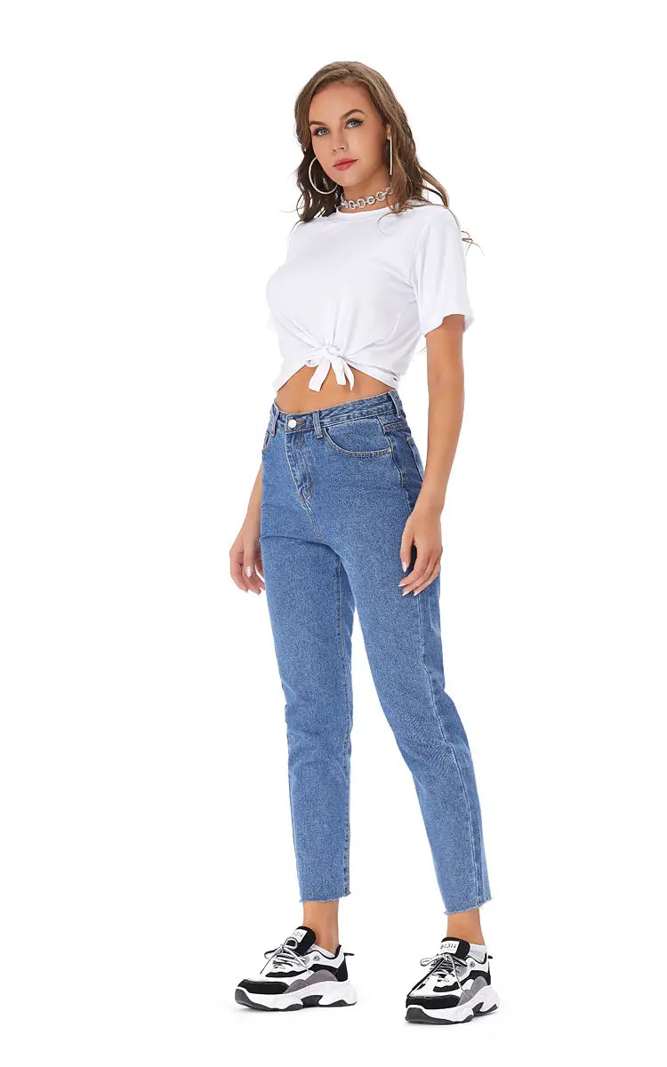 Pantalones vaqueros rectos con cintura alta y dobladillo sin rematar para mujer