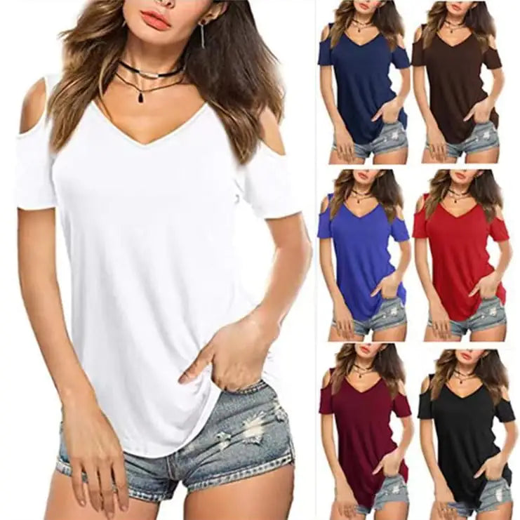 Camiseta de color liso con cuello en V y hombros descubiertos