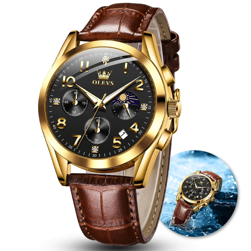 Relojes OLEVS para hombre con correa de cuero, fecha automática, relojes de cuarzo marrones para hombre, esfera negra dorada, reloj cronógrafo para hombre, reloj de pulsera clásico con diamantes resistente al agua para hombre