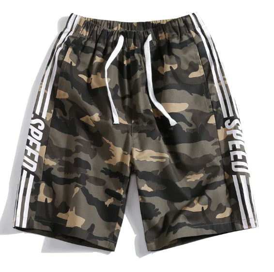 Pantalones cortos de camuflaje con rayas laterales y cintura elástica