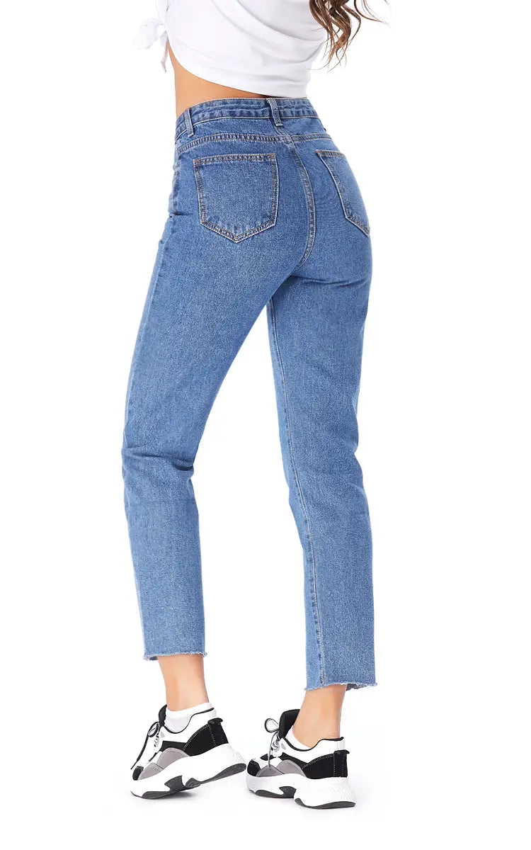 Pantalones vaqueros rectos con cintura alta y dobladillo sin rematar para mujer