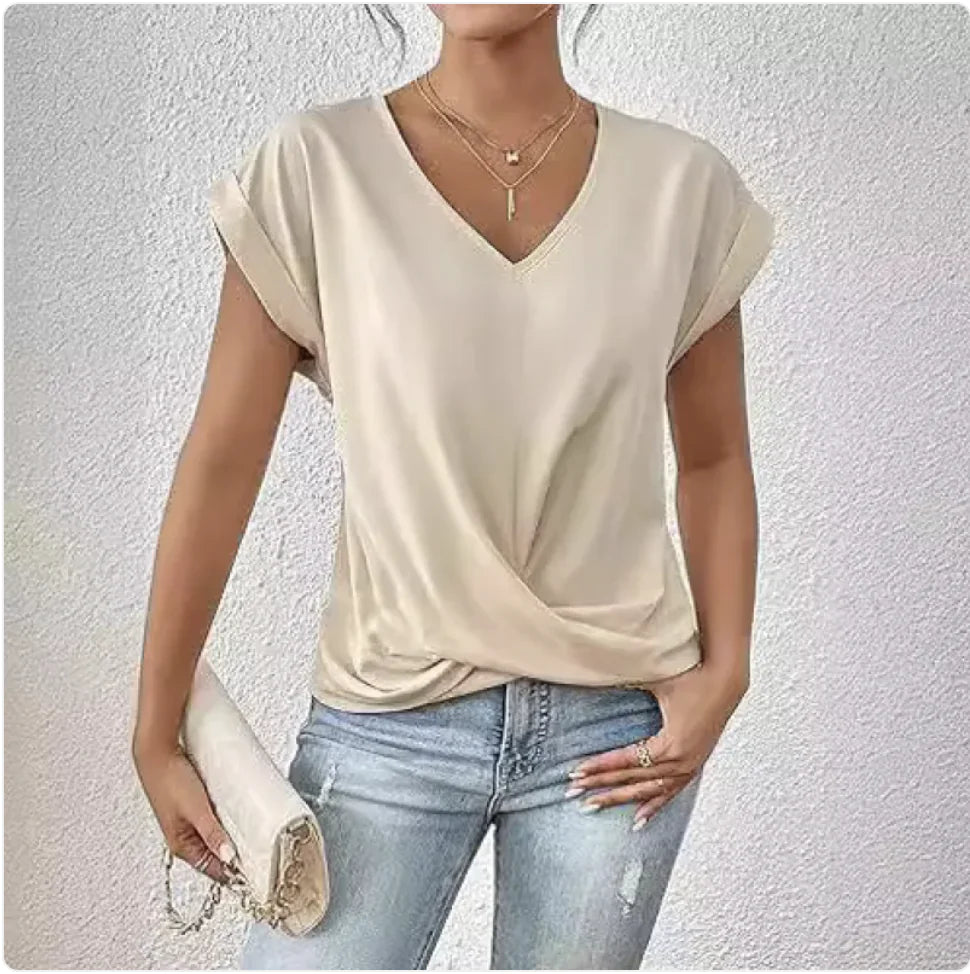 Camiseta de manga corta con cuello en V y nudo irregular para mujer