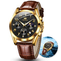 Relojes OLEVS para hombre con correa de cuero, fecha automática, relojes de cuarzo marrones para hombre, esfera negra dorada, reloj cronógrafo para hombre, reloj de pulsera clásico con diamantes resistente al agua para hombre