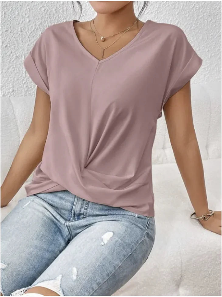 Camiseta de manga corta con cuello en V y nudo irregular para mujer