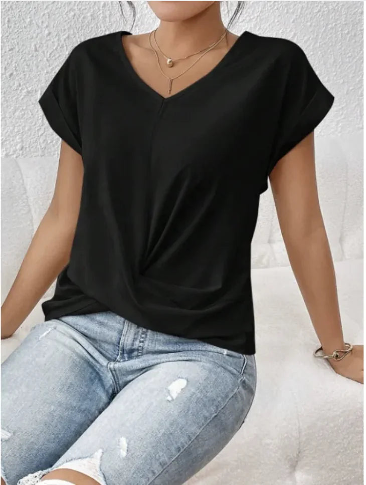 Camiseta de manga corta con cuello en V y nudo irregular para mujer