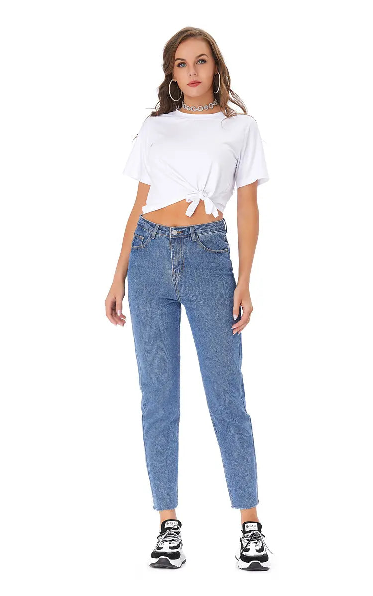 Pantalones vaqueros rectos con cintura alta y dobladillo sin rematar para mujer