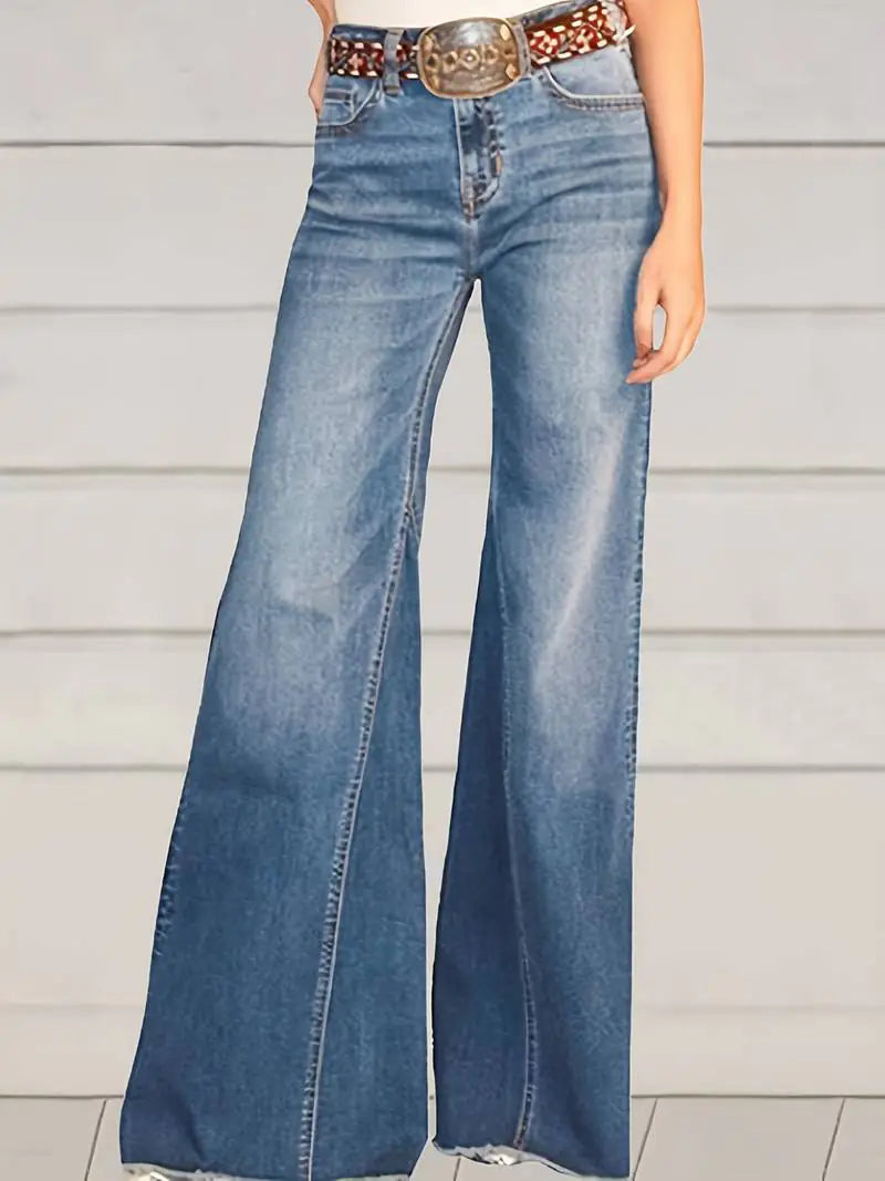 Vaqueros acampanados de cintura alta con dobladillo sin rematar en azul para mujer