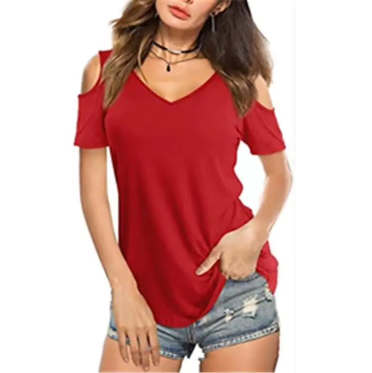 Camiseta de color liso con cuello en V y hombros descubiertos