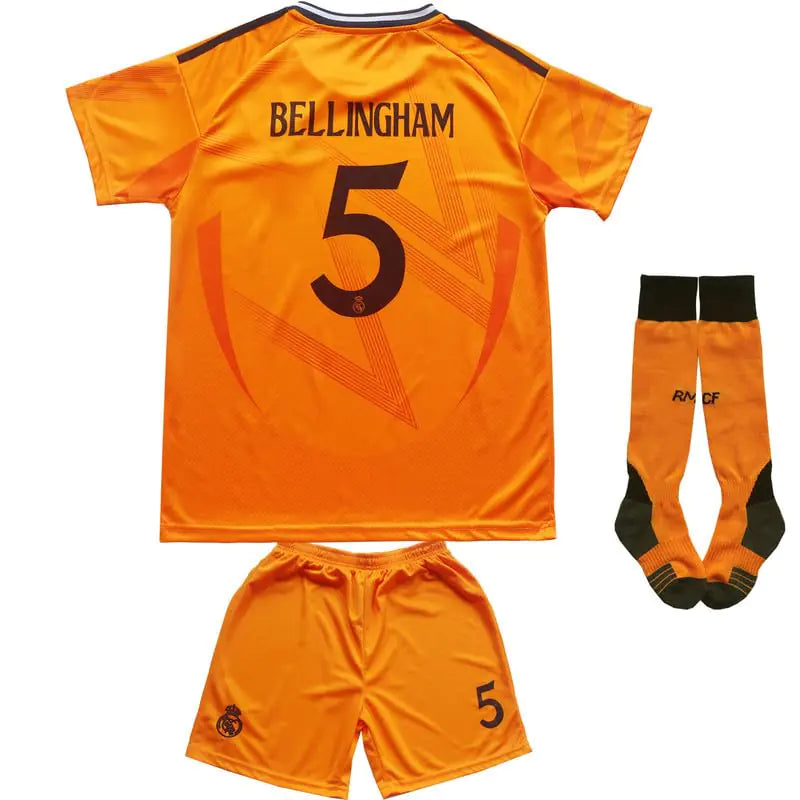Conjunto de regalo para niños de la camiseta de fútbol visitante Madrid Bellingham #5 2024/2025, pantalón corto y medias, talla juvenil