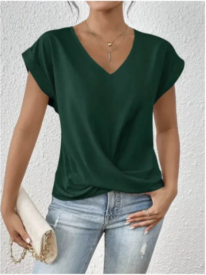 Camiseta de manga corta con cuello en V y nudo irregular para mujer