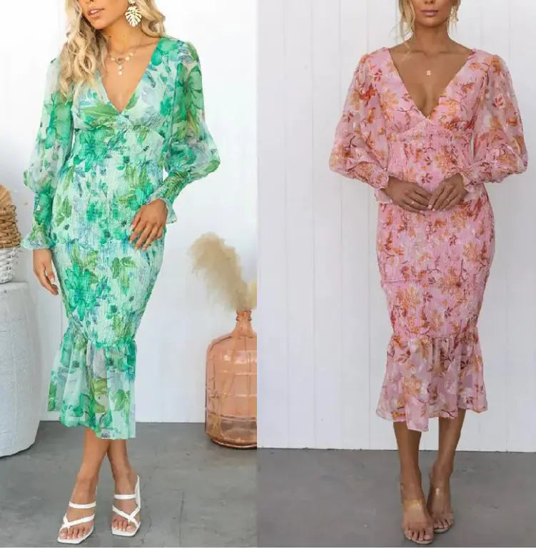 Vestido con falda con volantes, estampado, escote en V y manga larga con cintura elástica