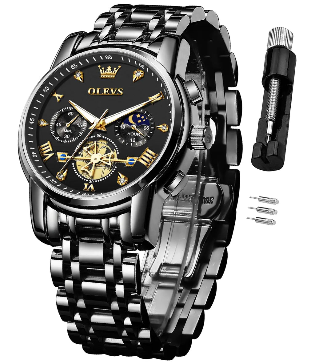 Relojes OLEVS color negro para hombre, de acero inoxidable, cronógrafo, esfera grande, fácil de leer, analógicos, de cuarzo, de lujo, resistente al agua, con fecha, esfera de diamantes, reloj de pulsera de vestir
