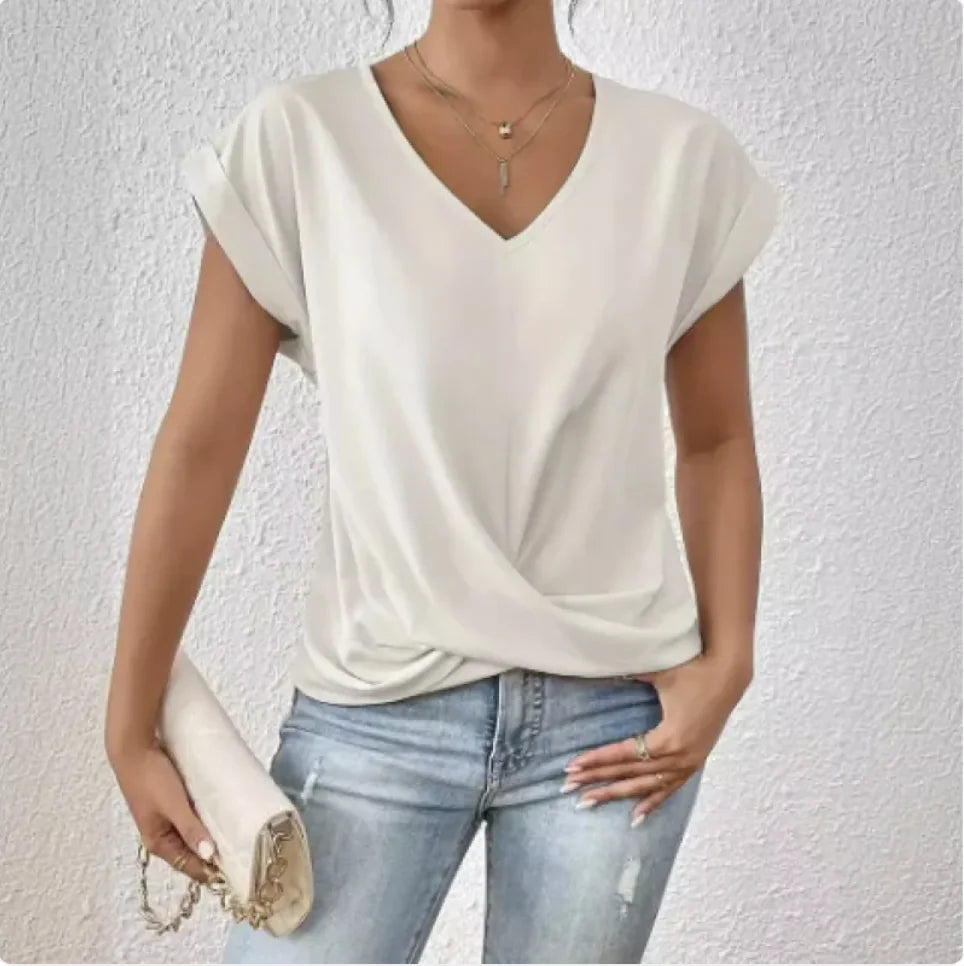 Camiseta de manga corta con cuello en V y nudo irregular para mujer