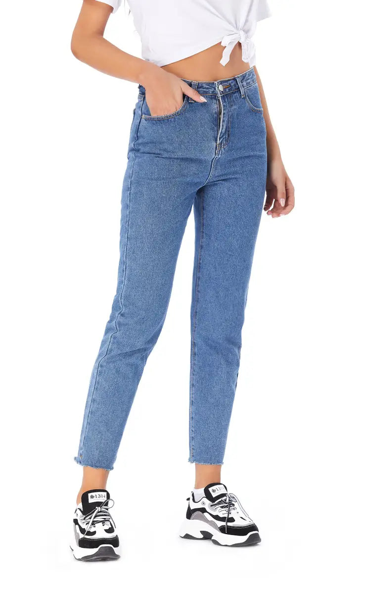 Pantalones vaqueros rectos con cintura alta y dobladillo sin rematar para mujer
