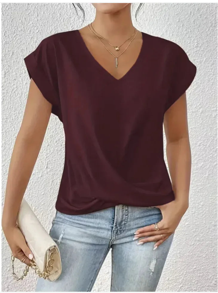 Camiseta de manga corta con cuello en V y nudo irregular para mujer