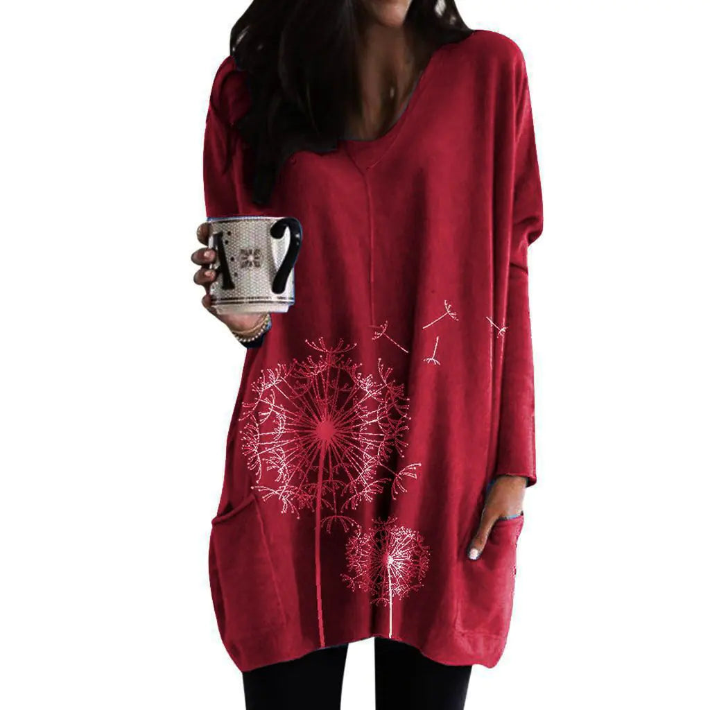 Suéter tipo blusa de cuello redondo y manga larga con estampado para mujer