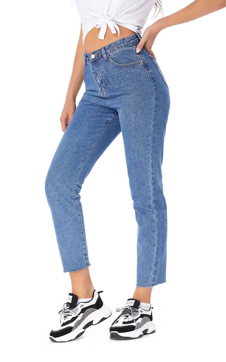 Pantalones vaqueros rectos con cintura alta y dobladillo sin rematar para mujer