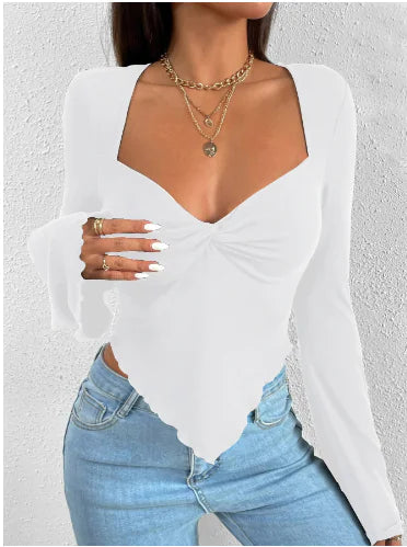 Camiseta de mujer de manga larga con cuello en V y punto irregular