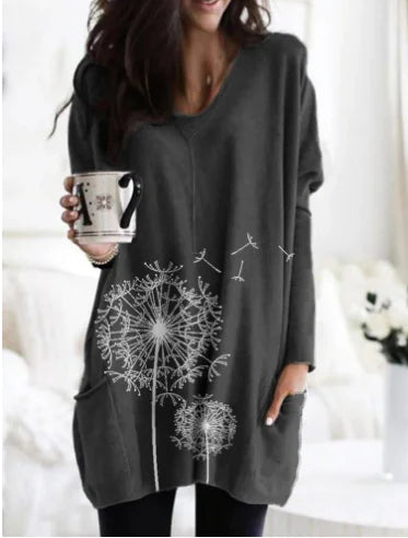 Suéter tipo blusa de cuello redondo y manga larga con estampado para mujer