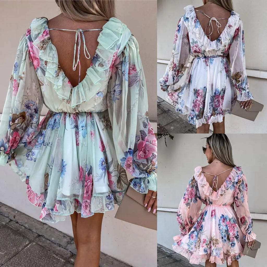 Vestido de manga larga con cuello en V y cintura ajustada