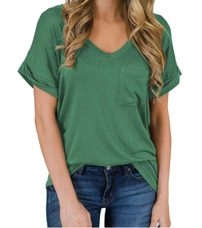 Camiseta de manga corta con cuello en V irregular